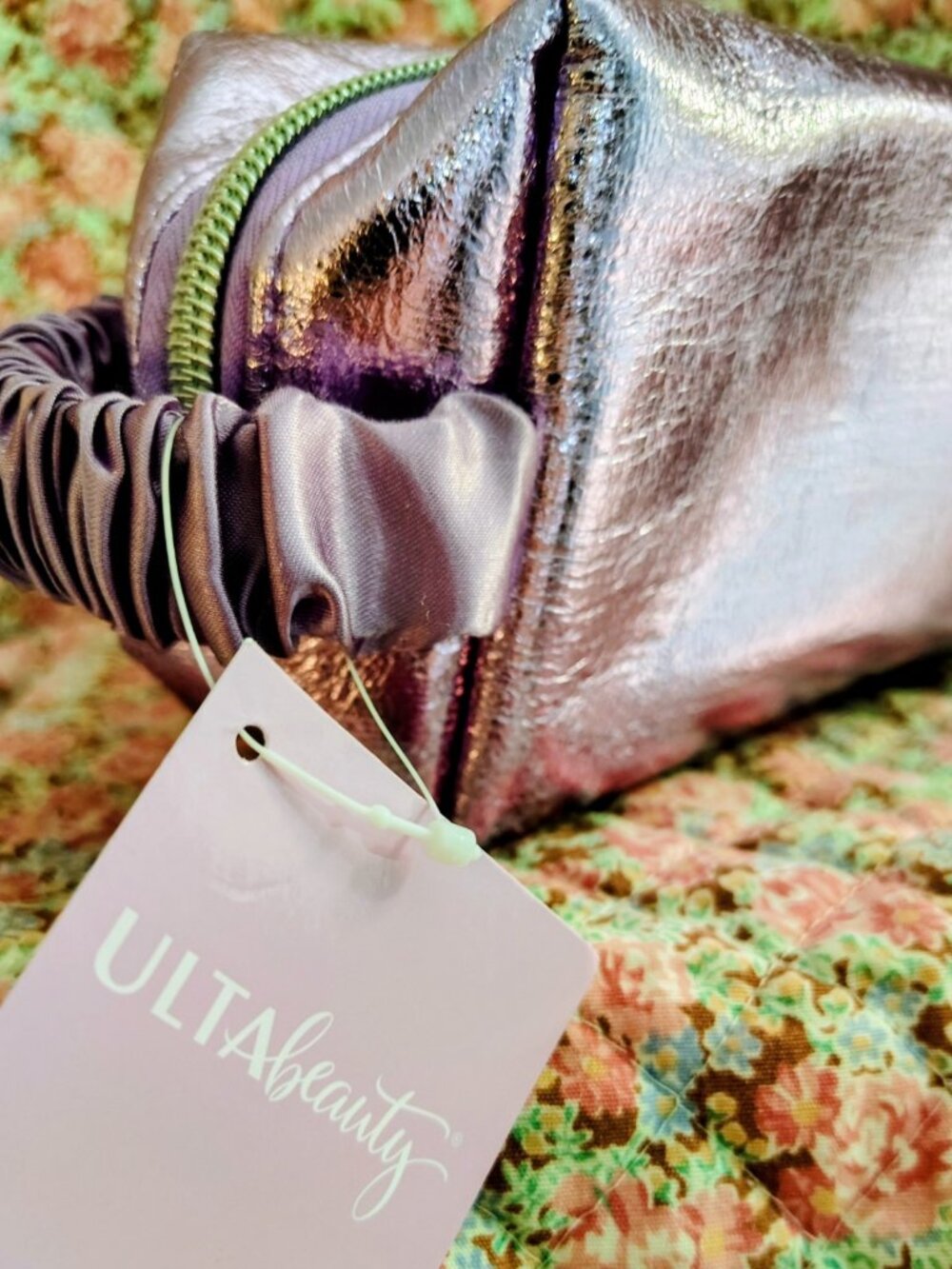 NWT Ulta Beauty cosmetic Makeup Bag metallic purple finish wrist handle